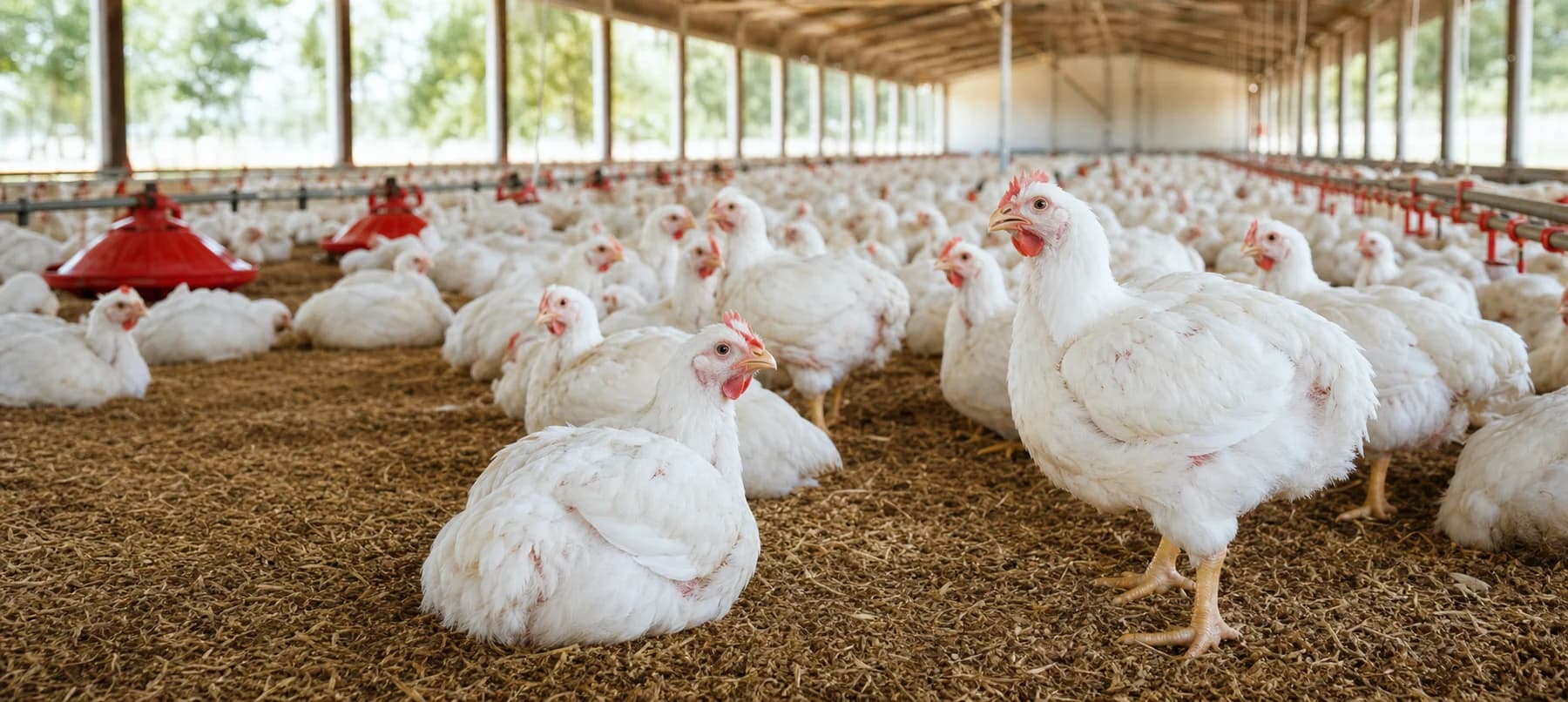 Healthy white broilers in a modern open-floor poultry house