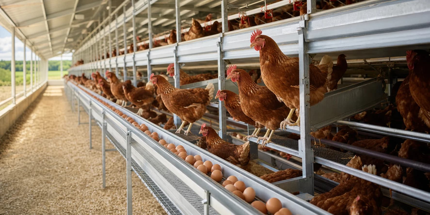 Commercial laying hens beside a brown egg collection belt