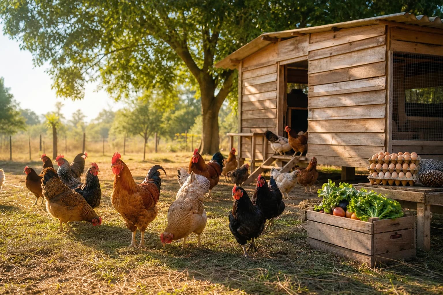 A mixed free-range flock beside a smallholding coop and egg trays