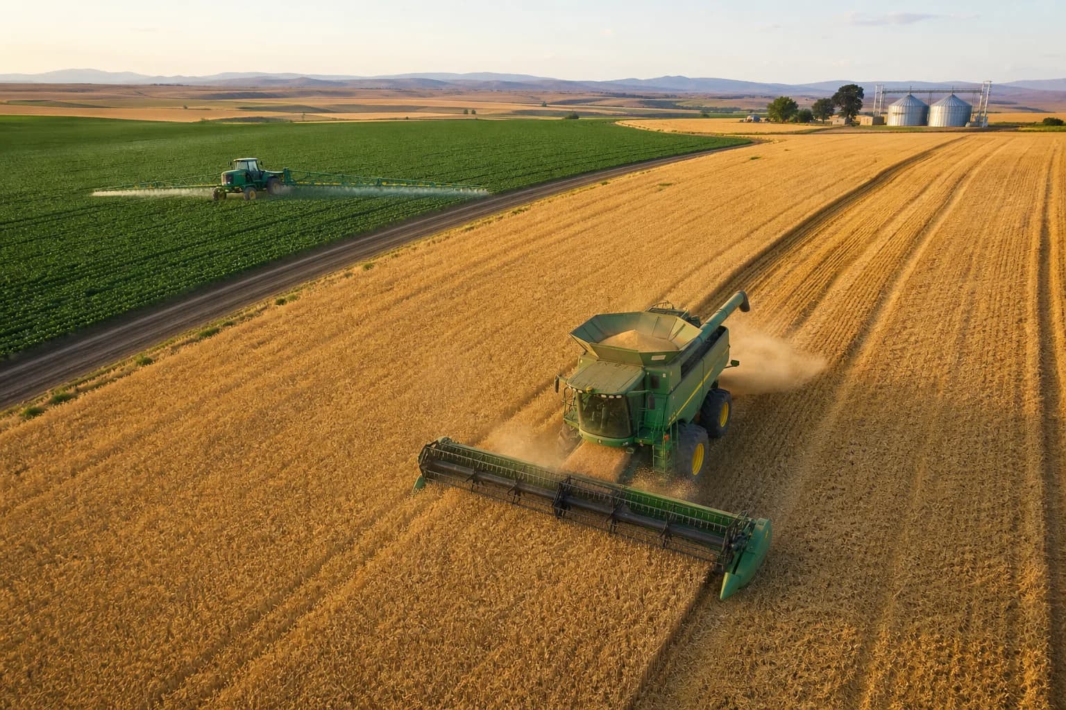 A combine harvesting grain beside a green field and crop sprayer