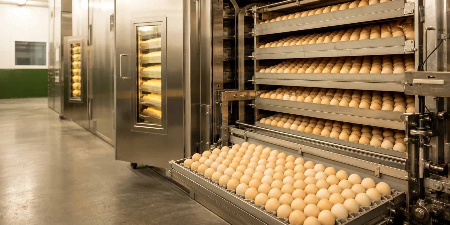 Hatching eggs arranged in commercial incubator setter trays
