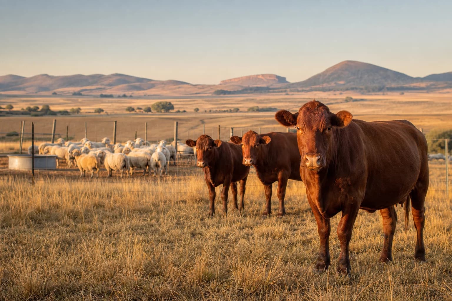 Red cattle and sheep on a Southern African livestock farm
