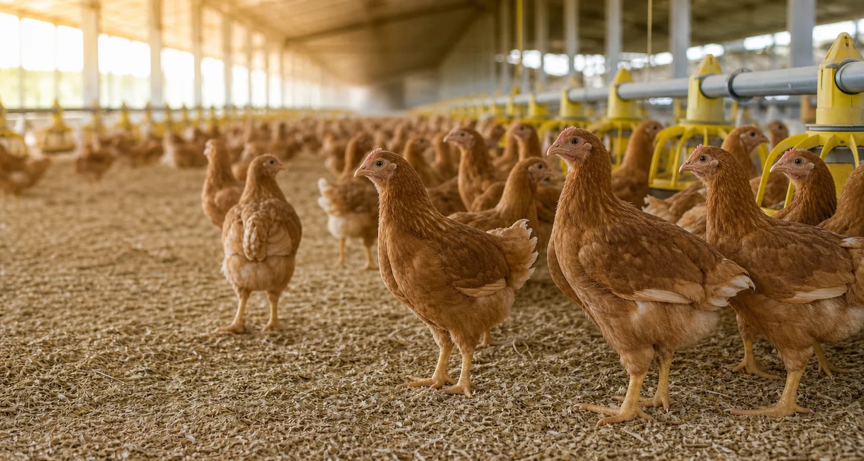 Uniform Lohmann Brown pullets in a bright commercial rearing house